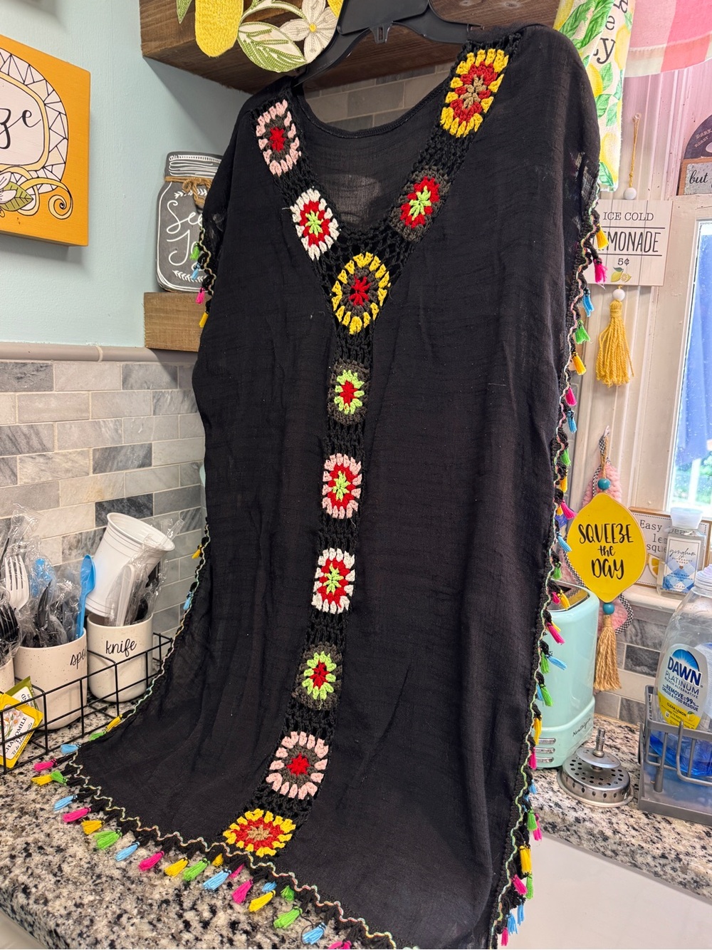 Black Embroidered V-Neck Women swimsuit cover Colorful Crochet Accents